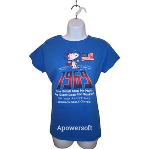 Snoopy on the Moon Johnson Space Center 1969 One Small Step for Man Blue Tshirt